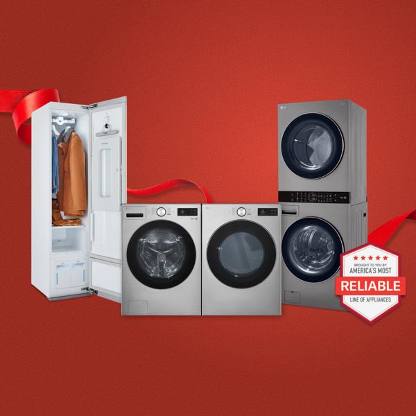 Various LG laundry appliances on a holiday-themed background. “America’s Most Reliable Line of Home Appliances” badge. 