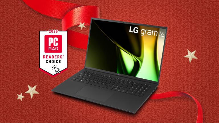 LG gram laptop appears on a holiday-themed background. “2025 PC MAG Readers’ Choice” badge.