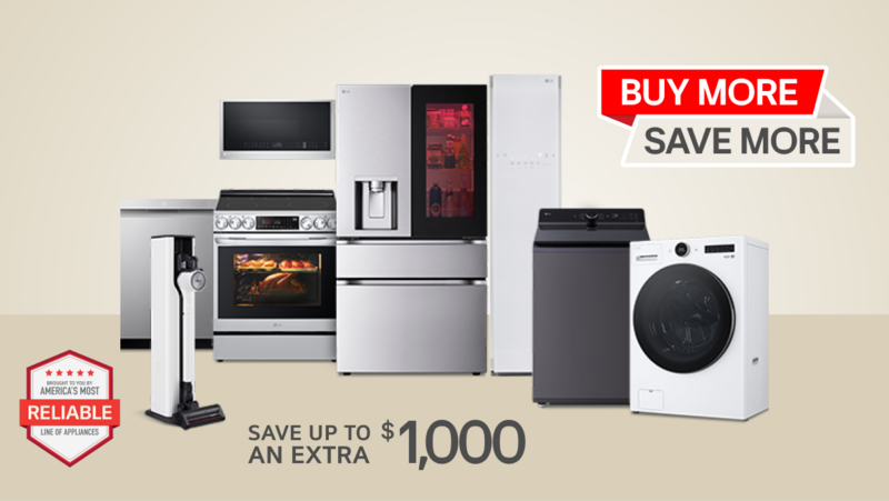 Text reading Buy more Save More above images of kitchen appliances
