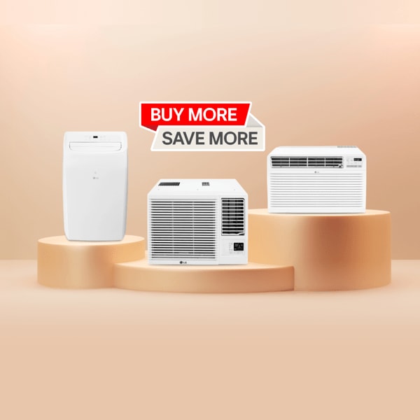 “Buy More, Save More” title badge. A group of LG air conditioners on a gold background. 
