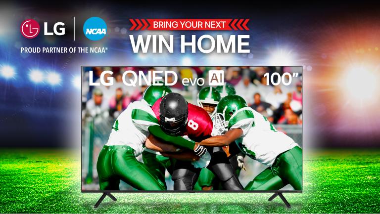 “Bring your next win home” title badge. An 100 inch LG TV on a football field backdrop. Players scrimmage on TV infill.
