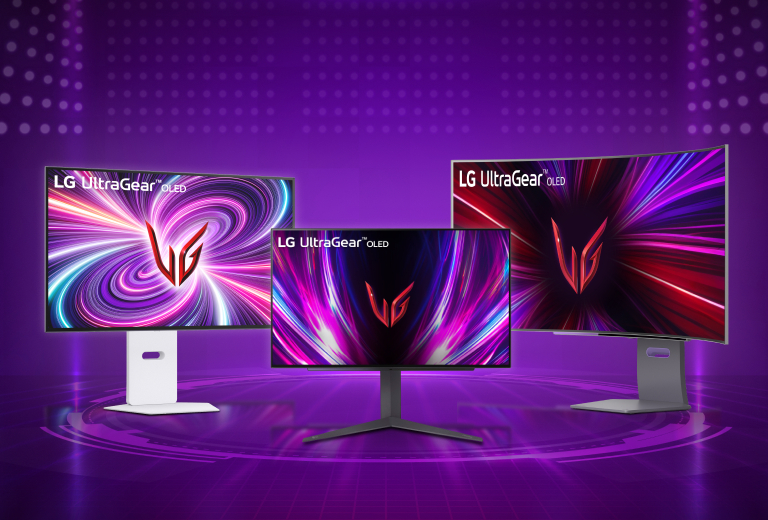 Three LG UltraGear OLED gaming monitors displayed on a futuristic purple-lit background. The monitors showcase vibrant, swirling graphics with the LG UltraGear logo in the center of each screen. The setup includes a curved and flat screen, highlighting different design options.