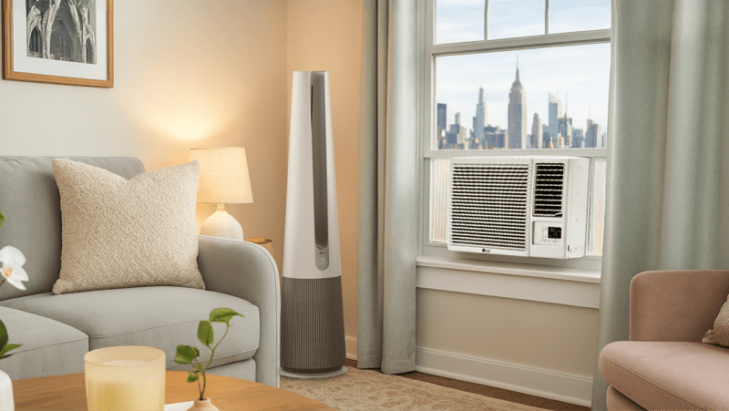 An LG window AC and air purifier appear in a bright living room setting.