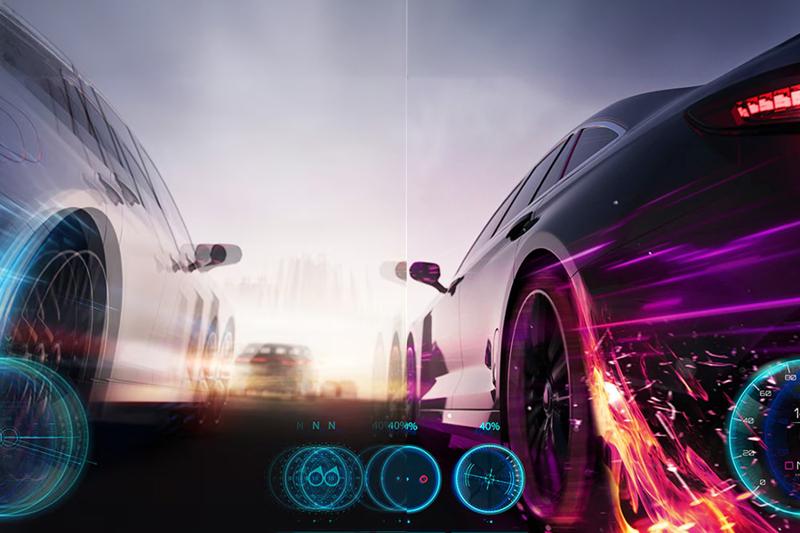 The image portrays a dynamic scene of two sleek, modern cars driving side by side on a road. The car on the left is white and partially transparent, giving an impression of speed or movement. The car on the right is black with a gloss finish, outlined by neon pink and purple streaks that suggest a high-speed motion. The background is a subtle, blurry horizon with a few distant cars driving into a soft, white light at the center. The foreground shows digital, futuristic HUD (heads-up display) elements, including gauges and circular graphs with blue accents, possibly indicating speed or performance metrics.