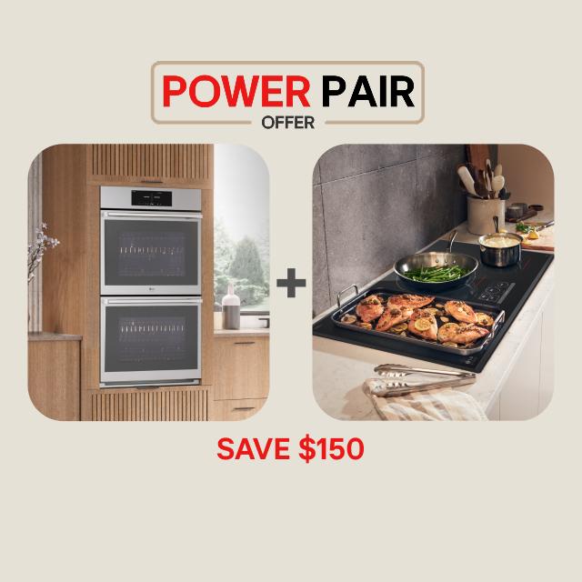 “Cooking Power Pair Offer” title badge. A double wall oven appears next to various items on a cooktop. “Save $150” text below.