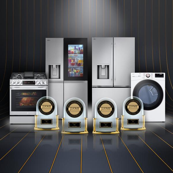 On a black background with a gold pattern, a lineup of an LG range, two refrigerators and a dryer. In front, four JD Power trophies are lined up.