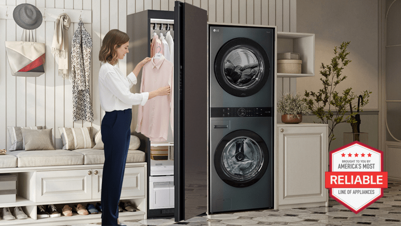 A woman removes a fresh blouse from her Styler® Steam Closet, situated beside an LG WashTower in a stylish laundry room setting. “America’s Most Reliable Line of Home Appliances” badge.