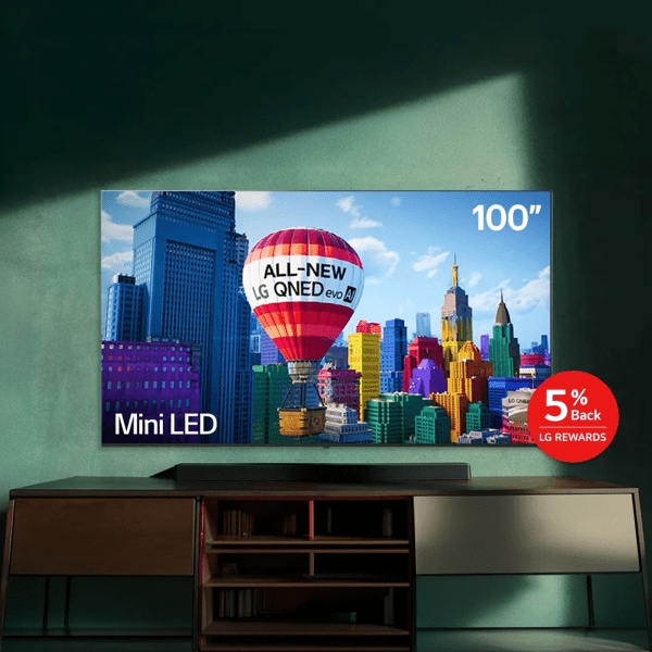 AN LG QNED TV displays a vivid and colorful image. Pop-out text reads “5% back MyLG Rewards”. 