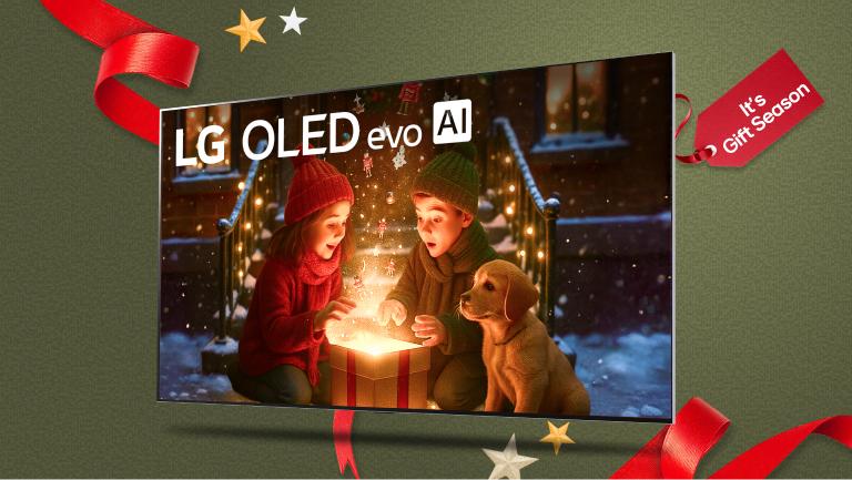 “It’s gift season” badge. LG OLED TV appears on holiday-themed background.