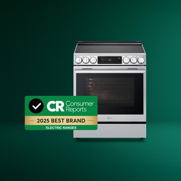 An LG front load washing machine and top load washing machine on a green gradient background with a badge that says “Consumer Reports 2025 Best Brand Washing Machines.”
