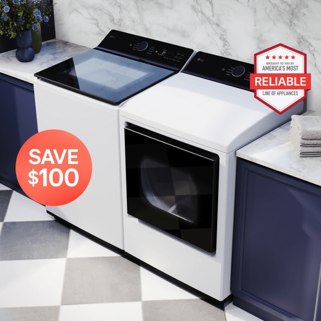 A dryer and top load washer appear side-by-side in a laundry room setting. A graphic appears above the appliances reading “Save $100”. An “America’s Most Reliable Line of Home Appliances” badge appears on the top right corner.