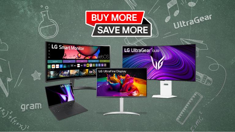 A group of LG laptops and monitors appear on a school-themed blackboard graphic.