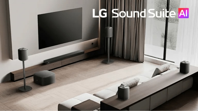 “LG Sound Suite AI”. A bright living room with an LG TV and soundbar setup.