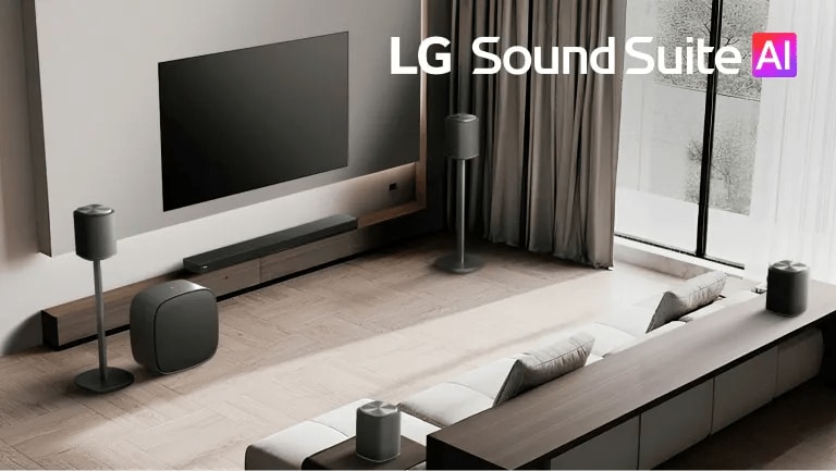 “LG Sound Suite AI”. A bright living room with an LG TV and soundbar setup.