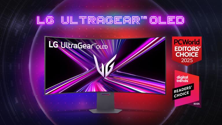 "LG UltraGear OLED” title badge. An UltraGear OLED Monitor appears on a purple background. “PCWorld Editors’ Choice 2025” badge. “Digital Trends Readers’ Choice 2025” badge.