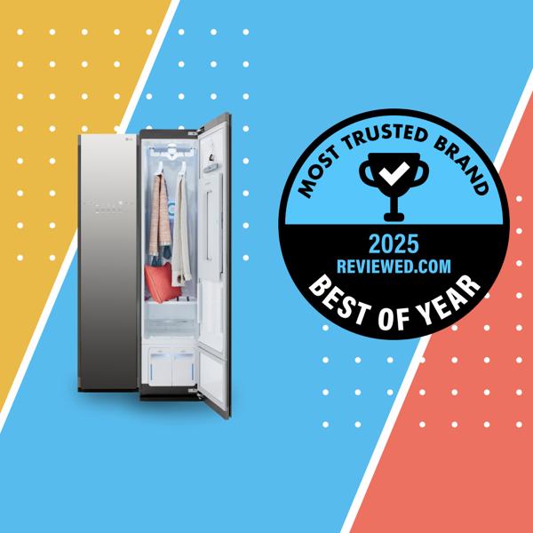 A graphic background is split in three parts—yellow, blue and red. LG Stylers are displayed next to a badge that says “Most Trusted Brand 2025 Reviewed.com Best of Year”