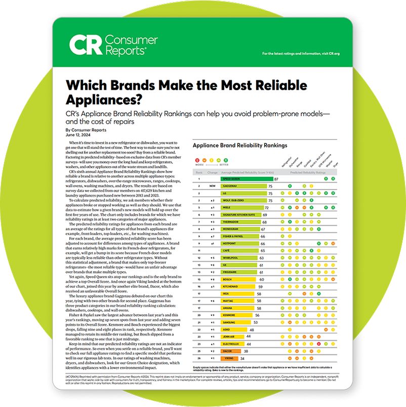 A screenshot shows the Consumer Reports article about appliance brand reliability rankings.