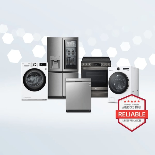 LG home appliance lineup including a front-load washer, French door refrigerator, stainless steel dishwasher, freestanding range, and compact washer. A red badge in the top right corner reads 'America’s Most Reliable Line of Appliances.