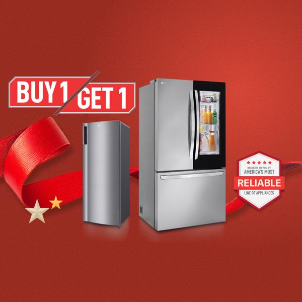 “It’s Gift Season” tag. An LG French Door fridge, Single Door fridge, and Craft Ice cocktail appear on a gift box collage layout.  “America’s Most Reliable Line of Home Appliances” badge.
