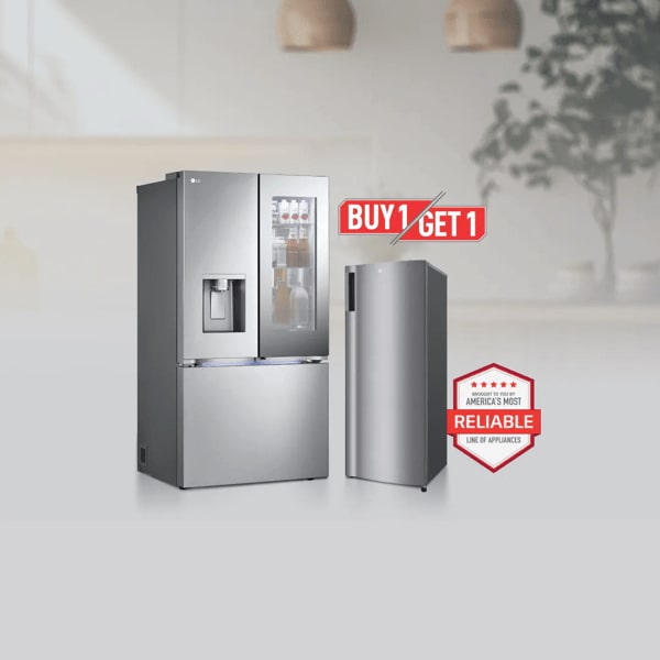 “Buy 1, Get 1” title badge. A French Door and Single Door Refrigerator appear side-by-side. “America’s Most Reliable Line of Home Appliances” badge.