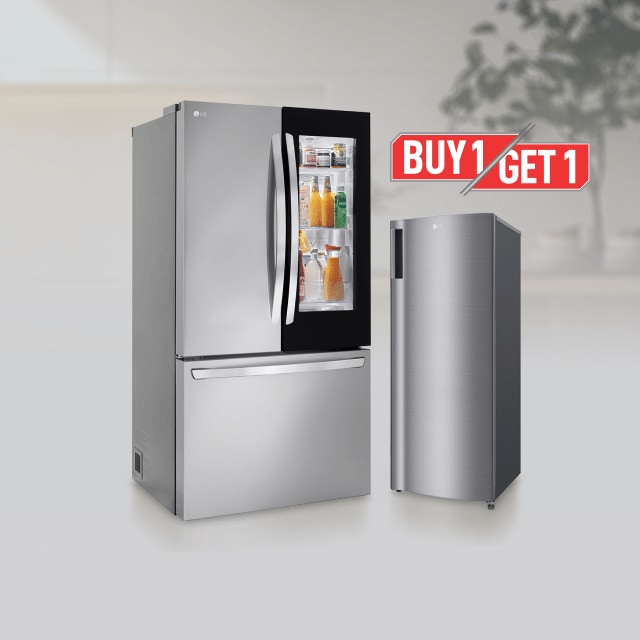 An LG French Door fridge, Single Door fridge, and Craft Ice cocktail appear on a gift box collage layout.  “America’s Most Reliable Line of Home Appliances” badge.
