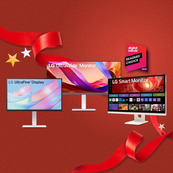 “It’s Gift Season” tag. Various LG electronics and holiday-themed items appear on a gift box collage layout. “Digital Trends Readers’ Choice Best Monitor Brand 2025” badge.