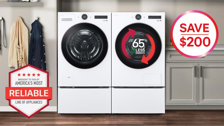 An LG washer and DLHC5502 dryer appear side-by-side in a laundry room setting. On the dryer, a graphic appears reading “Uses up to 65% less energy”. “America’s Most Reliable Line of Home Appliances” badge appears on the bottom left of the scene. “Save $200” pop-out text.