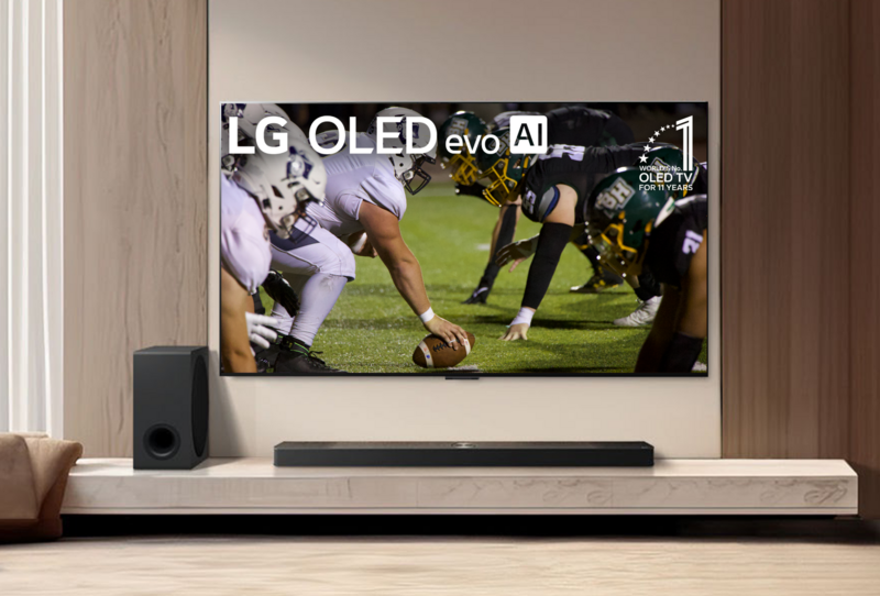 A sleek LG OLED evo TV paired with a stylish soundbar, showcasing modern home entertainment technology.