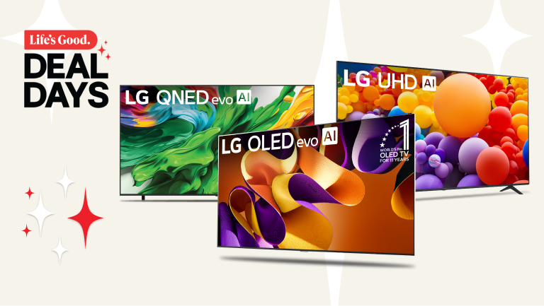 “Life’s Good Deal Days” title  badge. An OLED, QNED and UHD TV on a beige background.