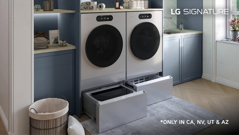 A sleek front load washer and dryer in an upscale, modern laundry room. An “LG SIGNATURE” title badge appears on the top right.
bottom right corner copy saying: ONLY IN CA, NV, UT & AZ

