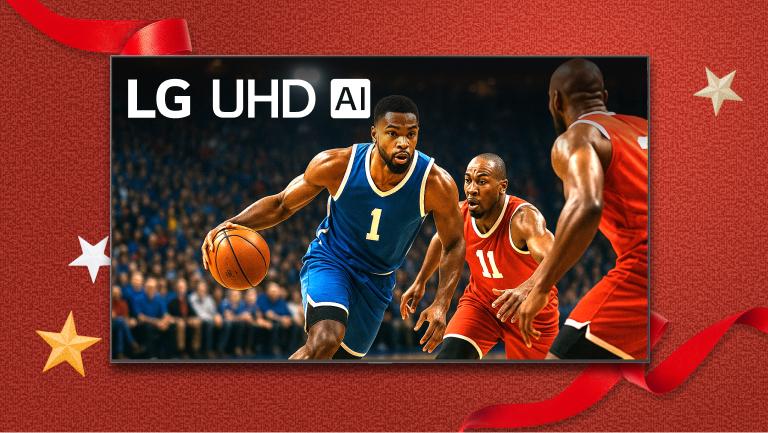 LG UHD TV on red holiday background