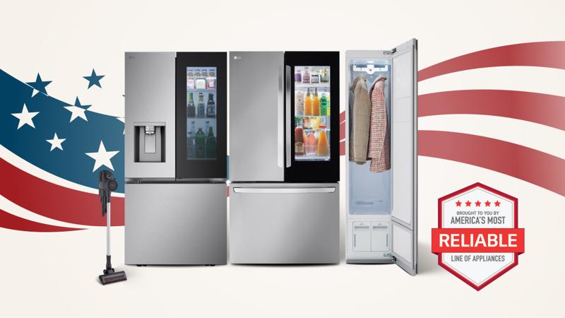 A group of LG appliances on a stars and stripes background. “America’s Most Reliable Line of Home Appliances” badge.