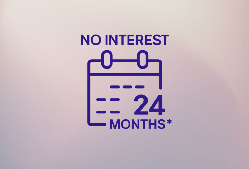 Promotional graphic highlighting a "No Interest for 24 Months" offer, emphasizing financial savings and payment flexibility.