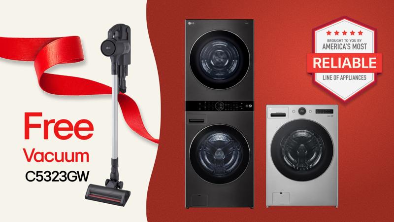 “It’s Gift Season” tag. An LG WashCombo, WashTower and CordZero vacuum appear in a gift box collage layout. “Free vacuum” pop-out text. “America’s Most Reliable Line of Home Appliances” badge.