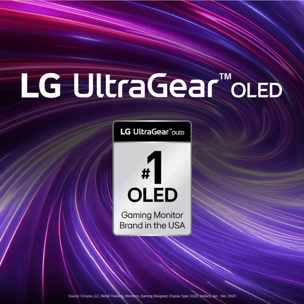 LG UltraGear™ OLED logo beside a gray badge reading “LG UltraGear™ OLED — #1 Gaming Monitor Brand in the US” over a purple, pink, and white vortex swirl background.