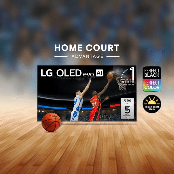 Promotional graphic for LG March Madness featuring an LG 4K OLED evo G5 TV showing a basketball game with two players jumping for a shot on a court. A basketball is in the foreground in front of the TV. Headline reads “Home Court Advantage.” LG logo and March Madness badge appear at the top, with icons highlighting Perfect Black, Perfect Color and OLED evo technology.