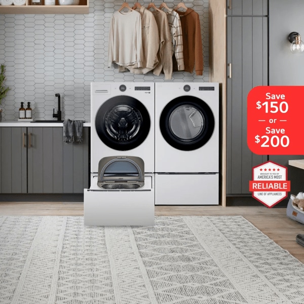 “Save $150 or Save $200” pop-out badge. An LG Washer and Dryer appear in a stylish laundry room setting. “America’s Most Reliable Line of Home Appliances”.