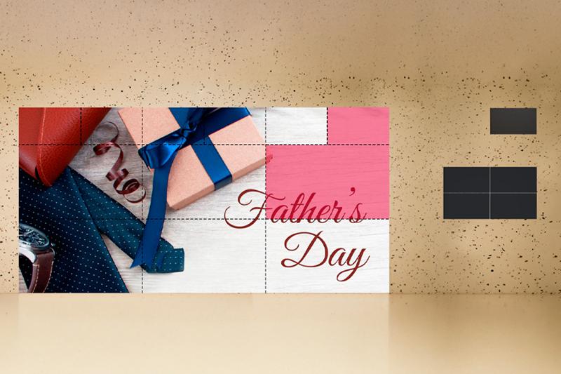 Father's Day gift collage with a gift box, tie, watch, and decorative text against a wooden backdrop.
