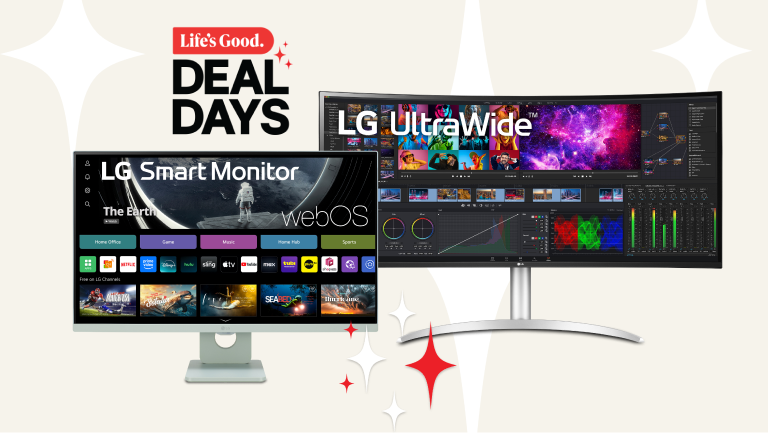 “Life’s Good Deal Days” title badge. A group of LG monitors appear on a tan background.