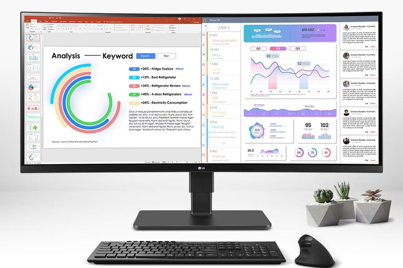 LG widescreen monitor displaying a split-screen with a presentation and dashboard.