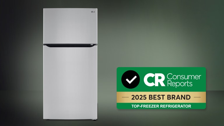 An LG refrigerator next to a Consumer Reports 2025 Best Brand badge
