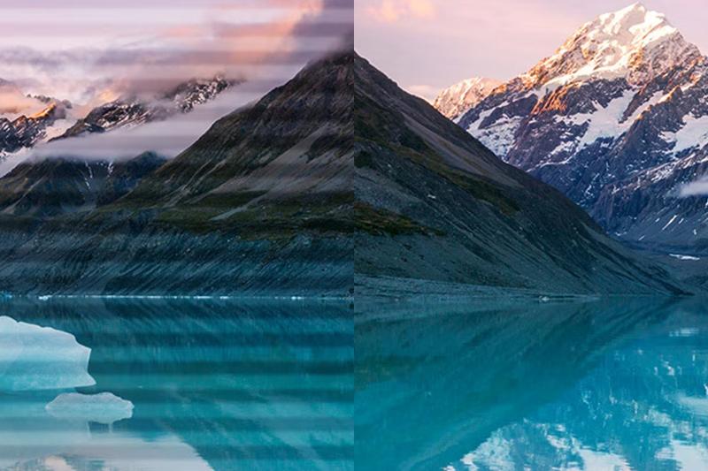 A split image showing a low-quality, pixelated mountain scene on the left and a high-quality, vibrant version on the right.
