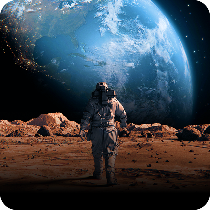 Video that opens with the words "True Wireless" then shows an astronaut walking on a red planet with the Earth in the distance. The image morphs into a wall-mounted LG OLED TV in a very modern urban apartment living room.