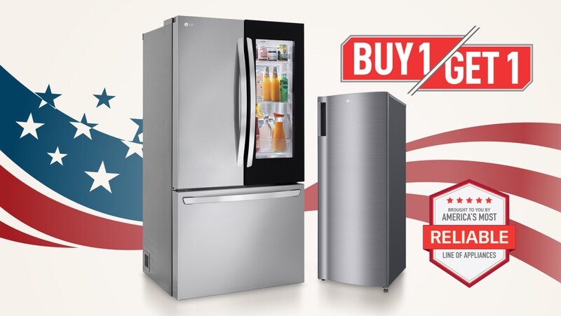 A French Door Refrigerator and Single Door Refrigerator appear in front of a graphic of the American flag. A “Buy 1, Get 1” badge appears above the appliances. “America’s Most Reliable Line of Home Appliances” badge appears below. 