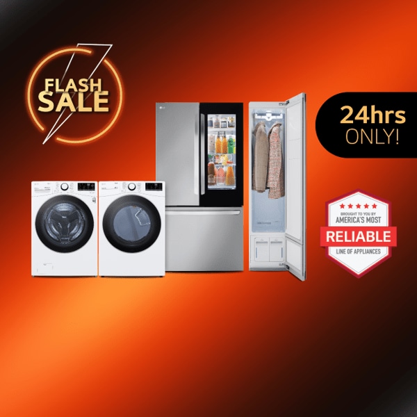2 badges reading “Flash Sale” and “24 Hours Only” appear above a group of LG appliances on an orange and black background. 