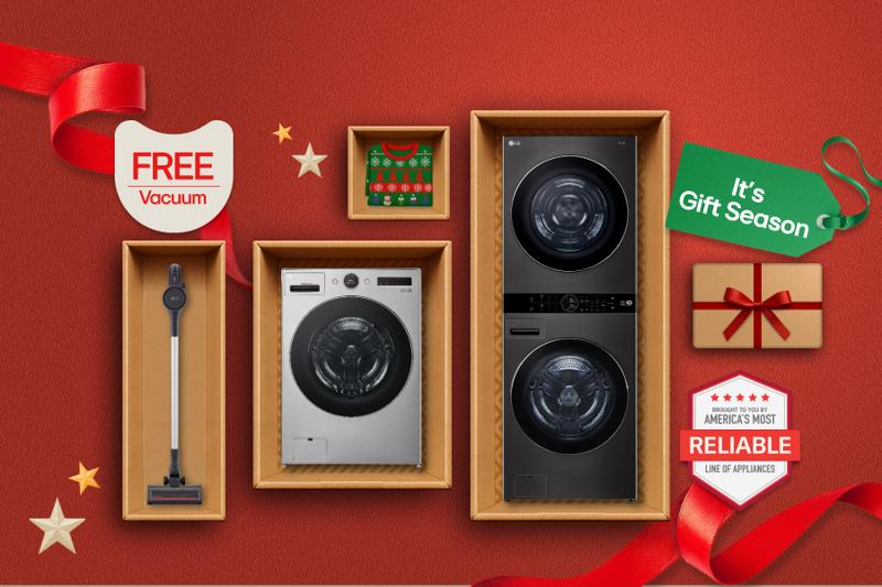 “It’s Gift Season” tag. An LG WashCombo, WashTower and CordZero vacuum appear in a gift box collage layout. “Free vacuum” pop-out text. “America’s Most Reliable Line of Home Appliances” badge.