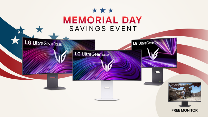 “Memorial Day Savings Event” title badge. A group of UltraGear OLED monitors appears before a stars and stripes background graphic. Below, a pop-out image of an UltraGear QHD monitor appears, along with text reading “FREE Monitor”. Eligible monitors listed as 45GX90SA-B, 34GX90SA-W, 27GX790A-B