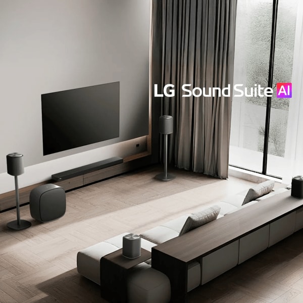 “LG Sound Suite AI” and “LG + Dolby” badges. A bright living room with an LG TV and soundbar setup.