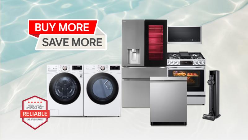 “Buy More, Save More” title badge. A group of home appliances on a pool-theme background. “America’s Most Reliable Line of Home Appliances” badge below.  Buy 2 and get a $100 instant rebate
Buy 3 and get a $300 instant rebate
Buy 4 and get a $500 instant rebate
Buy 4 LG STUDIO models and get a $800 instant rebate ($500 + LG STUDIO BONUS $300)
Buy 5 or more LG STUDIO models and get a $1000 instant rebate ($500 + LG STUDIO BONUS $500)