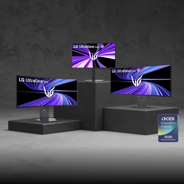 Various UltraGear evo AI monitors appear on smokey grey background. “CES Innovation Awards 2026” badge.